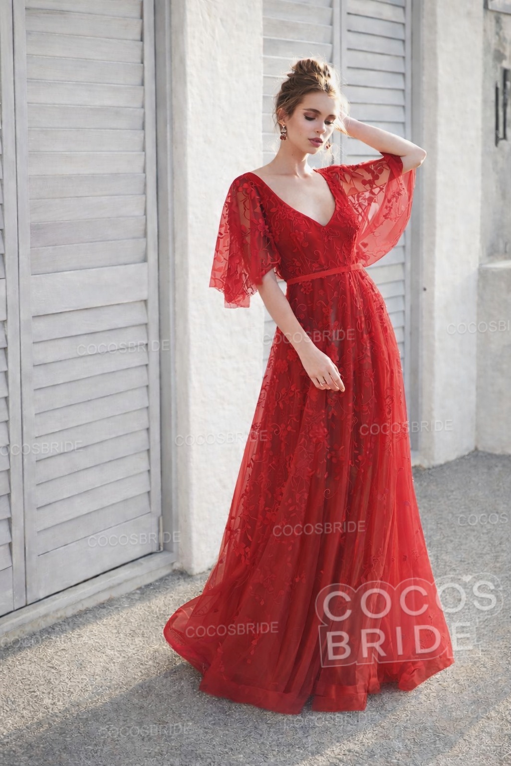 Long A-line V Neck Half Sleeves Lace Backless Boho Wedding Dresses