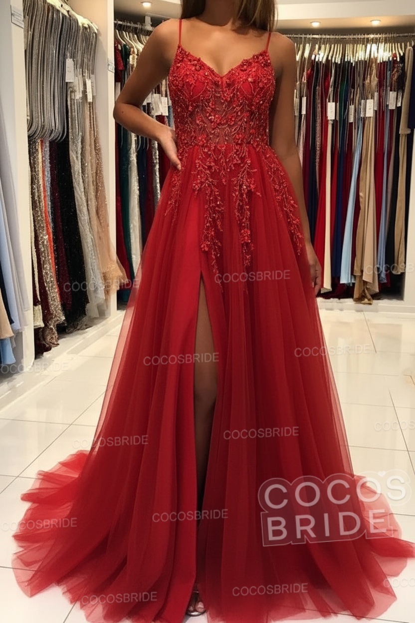 Long A-line V-neck Spaghetti Straps Open Back Prom Dress with Slit