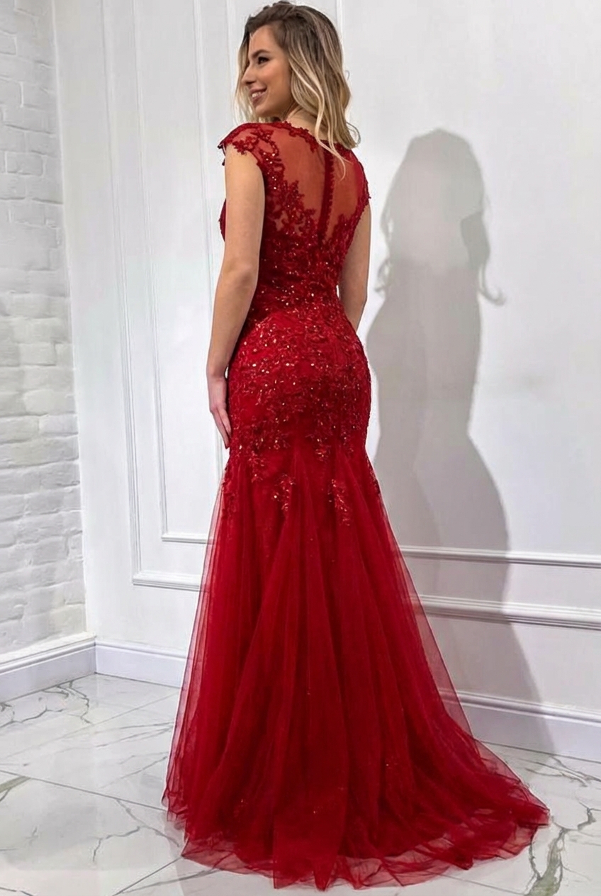 Red Long Appliques Lace Tulle Sequins Mermaid Floor Length Prom Dress