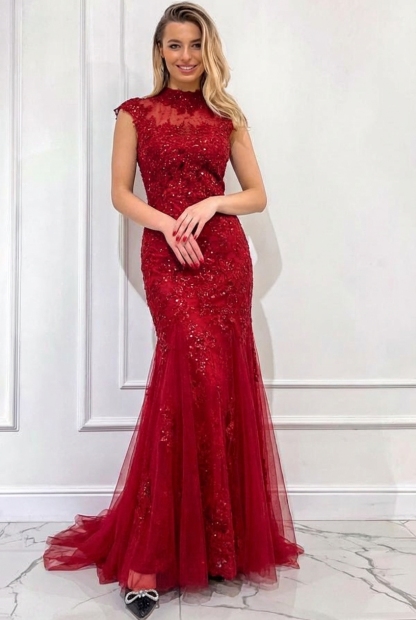 Red Long Appliques Lace Tulle Sequins Mermaid Floor Length Prom Dress