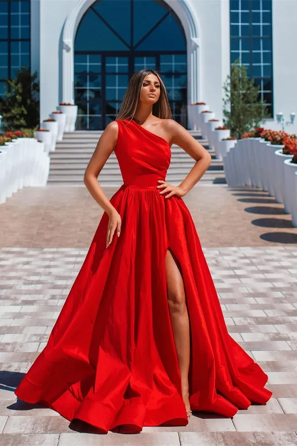 Red Long Asymmetrical One Shoulder A-Line Floor Length Satin Prom Dress with Ruffles