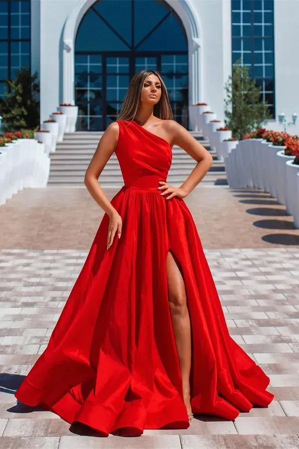 Red Long Asymmetrical One Shoulder A-Line Floor Length Satin Prom Dress with Ruffles