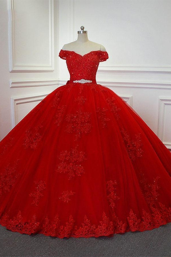 Red Long Ball Gown Off the Shoulder Tulle Lace-Up Wedding Dresses