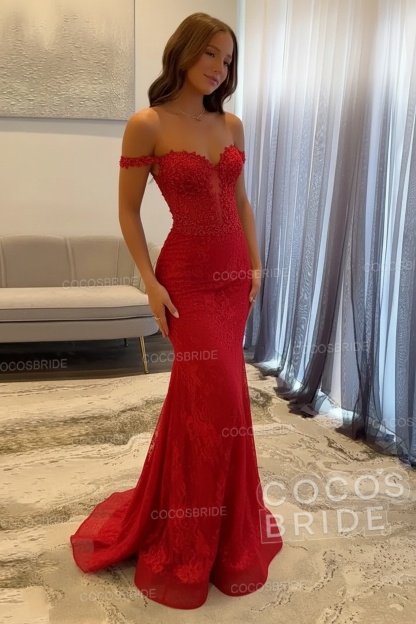 Dark Navy Long Mermaid Off the Shoulder Lace Prom Dress