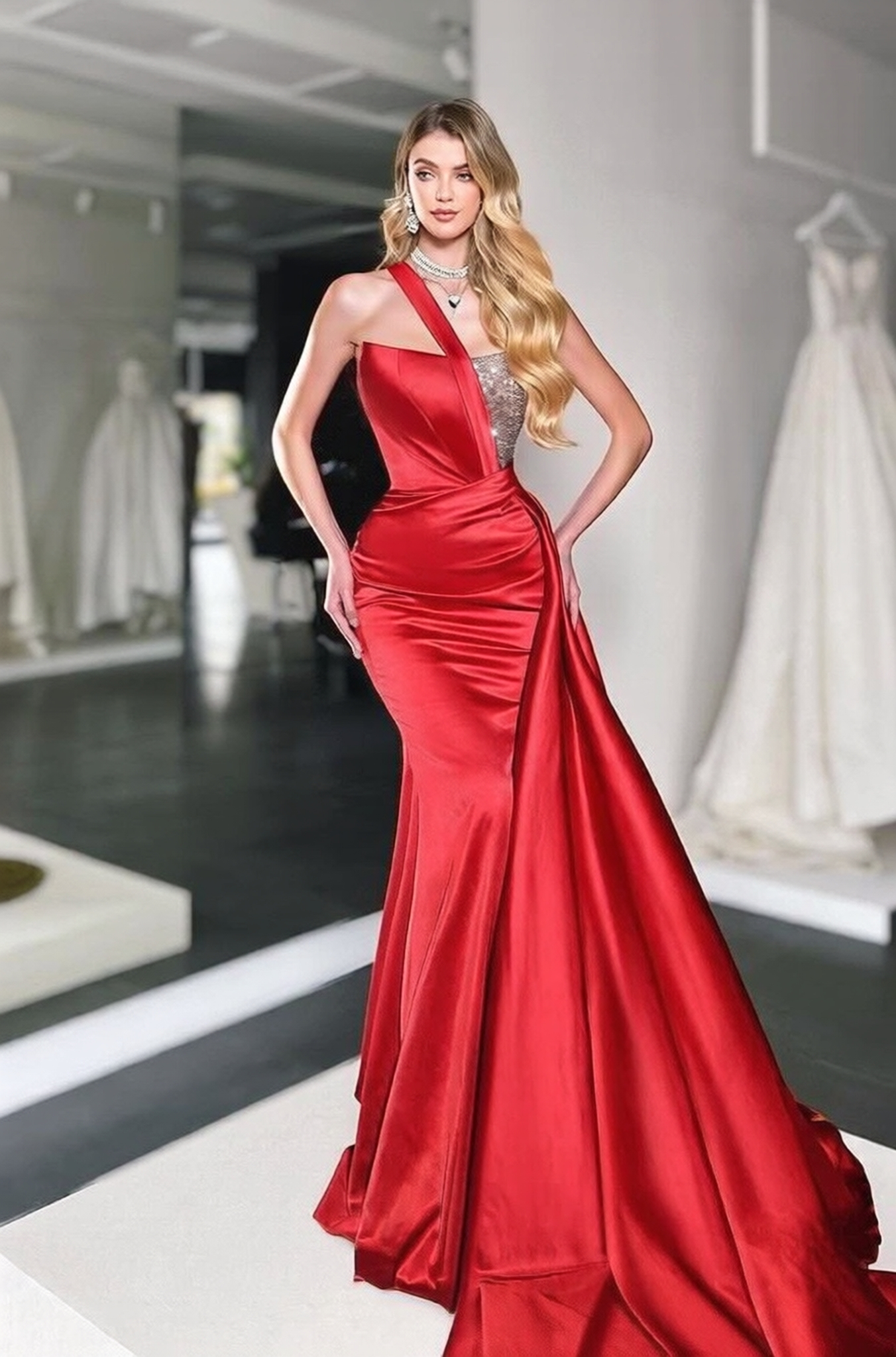 Red Long Mermaid One Shoulder Satin Beads Formal Prom Dresses