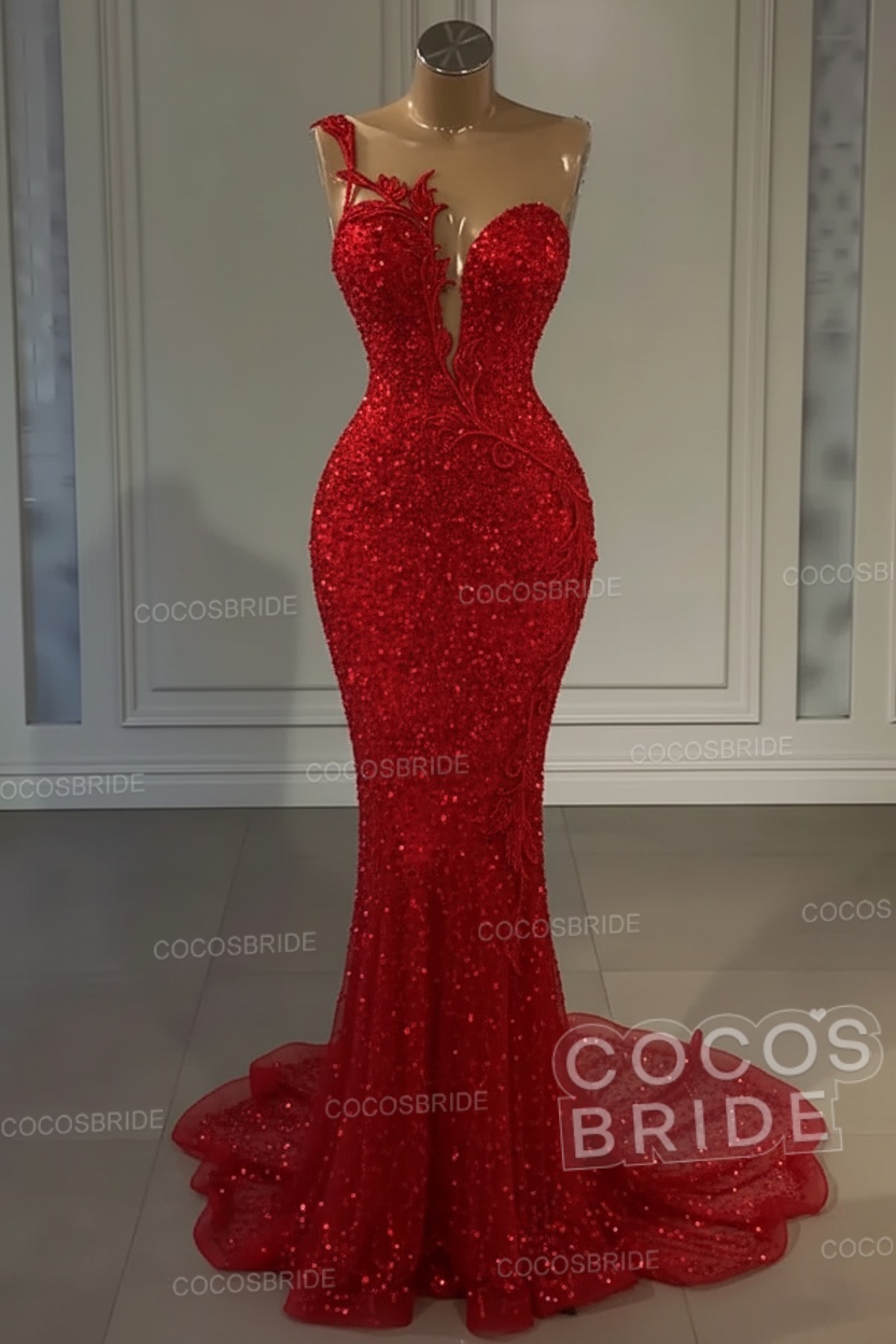 Long Mermaid Sweetheart Tulle Sequin Formal Prom Dress