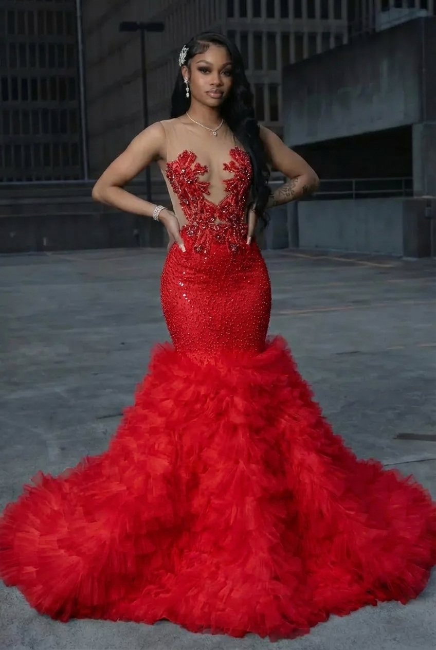 Red Long Mermaid Tulle Beaded Prom Dress