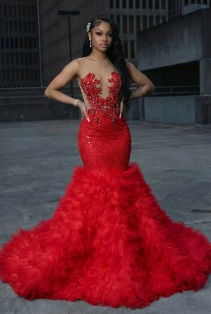 Red Long Mermaid Tulle Beaded Prom Dress