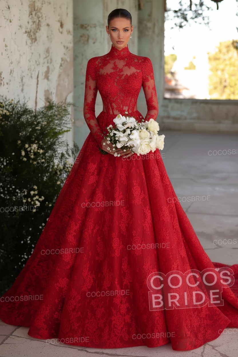 Long Sleeve High Neck A-Line Tulle Wedding Dress with Lace Applique