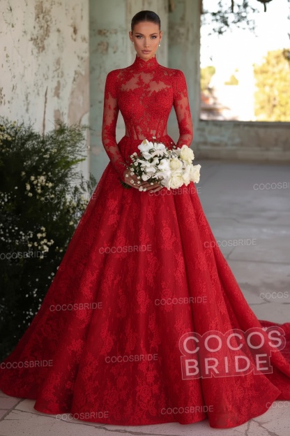 Long Sleeve High Neck A-Line Tulle Wedding Dress with Lace Applique