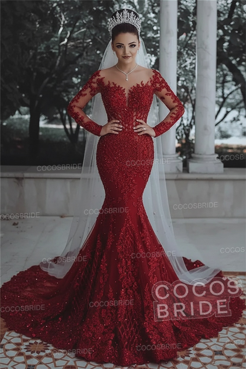 Luxury Long Beaded Lace Mermaid Sheer Tulle Wedding Dresses with Sleeves