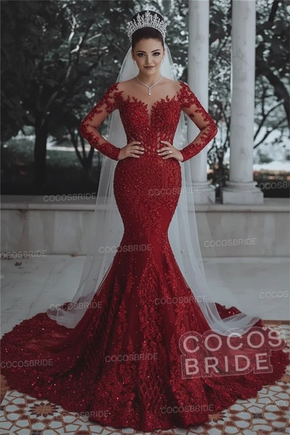 Luxury Long Beaded Lace Mermaid Sheer Tulle Wedding Dresses with Sleeves