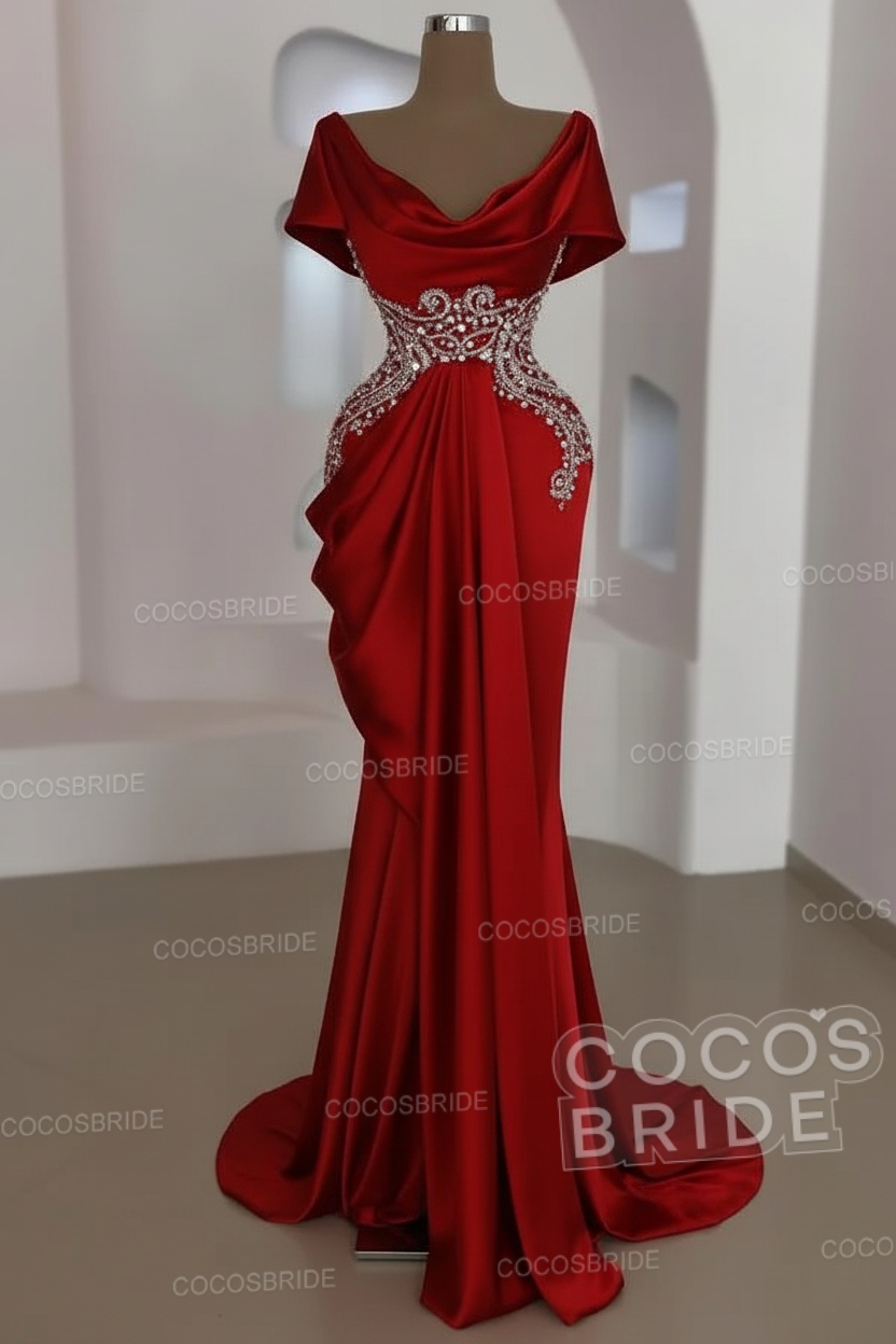 Mermaid Cowl Neck Satin Long Prom Dresses with Short Sleeves