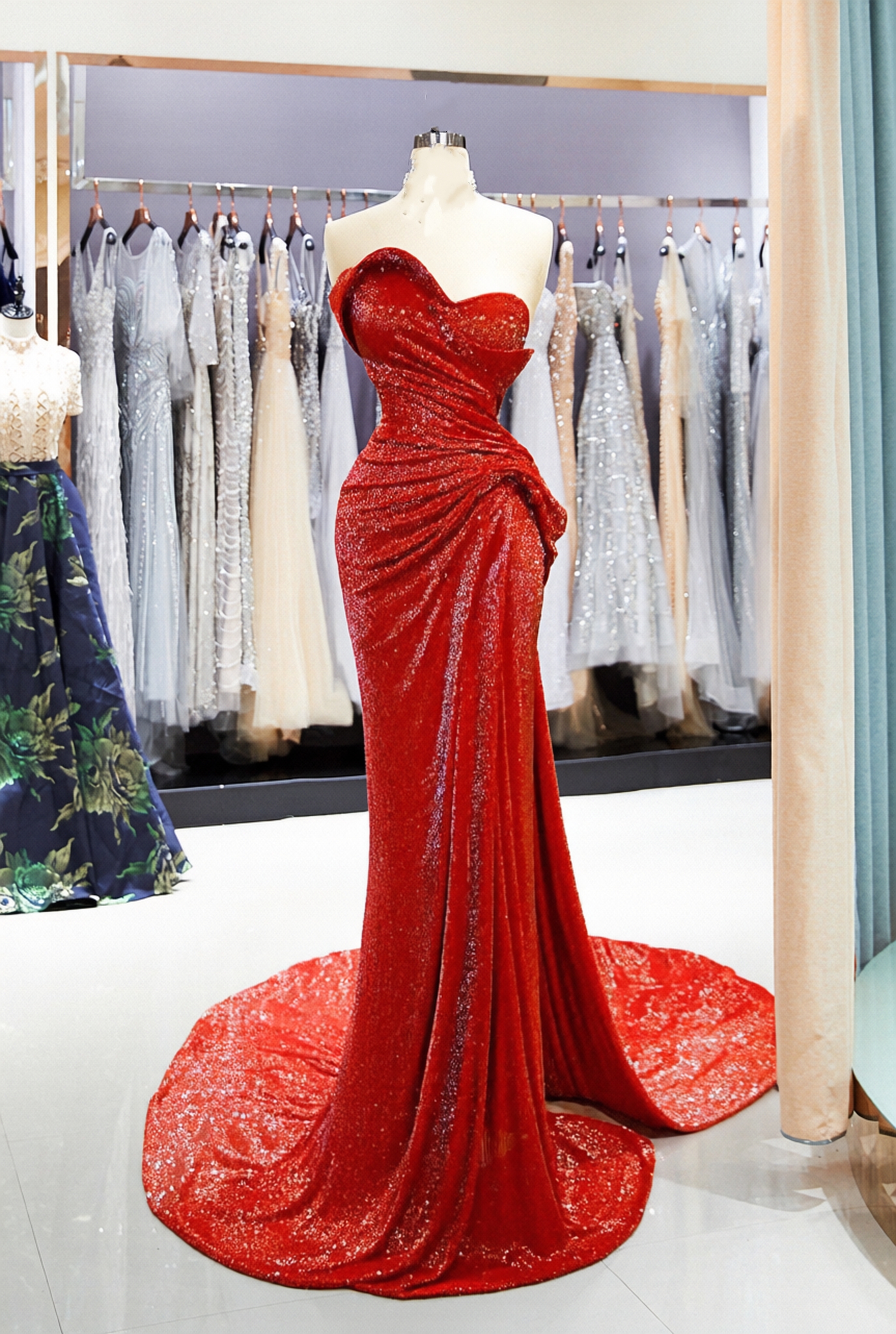 Red Mermaid Sweetheart Sequin Long Prom Dress