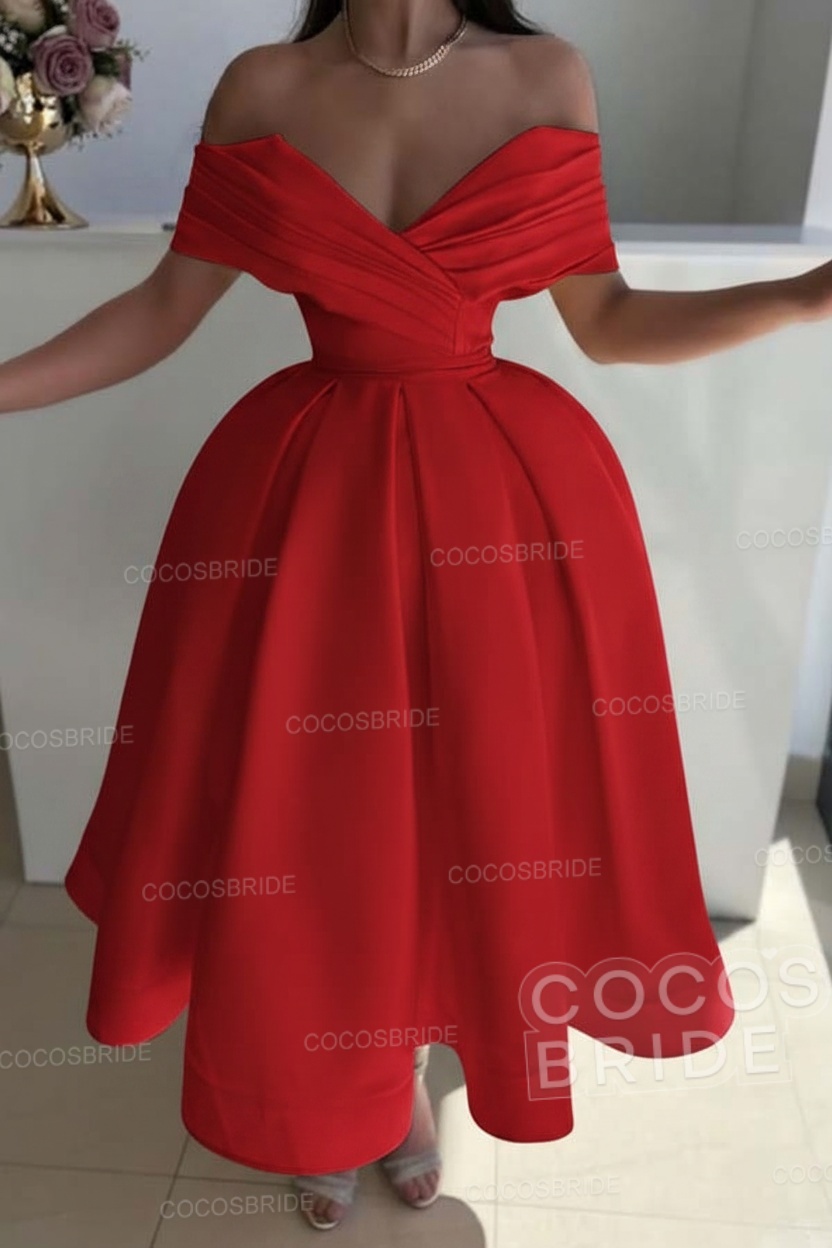 Off the Shoulder A-Line Satin Prom Dress with Pleated