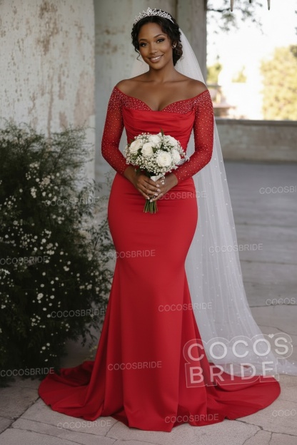 Off-the-Shoulder Long Mermaid Wedding Dresses with Beaded
