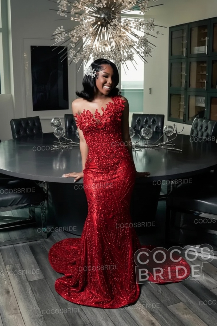 One Shoulder Sleeveless Mermaid Prom Dress with Beaded