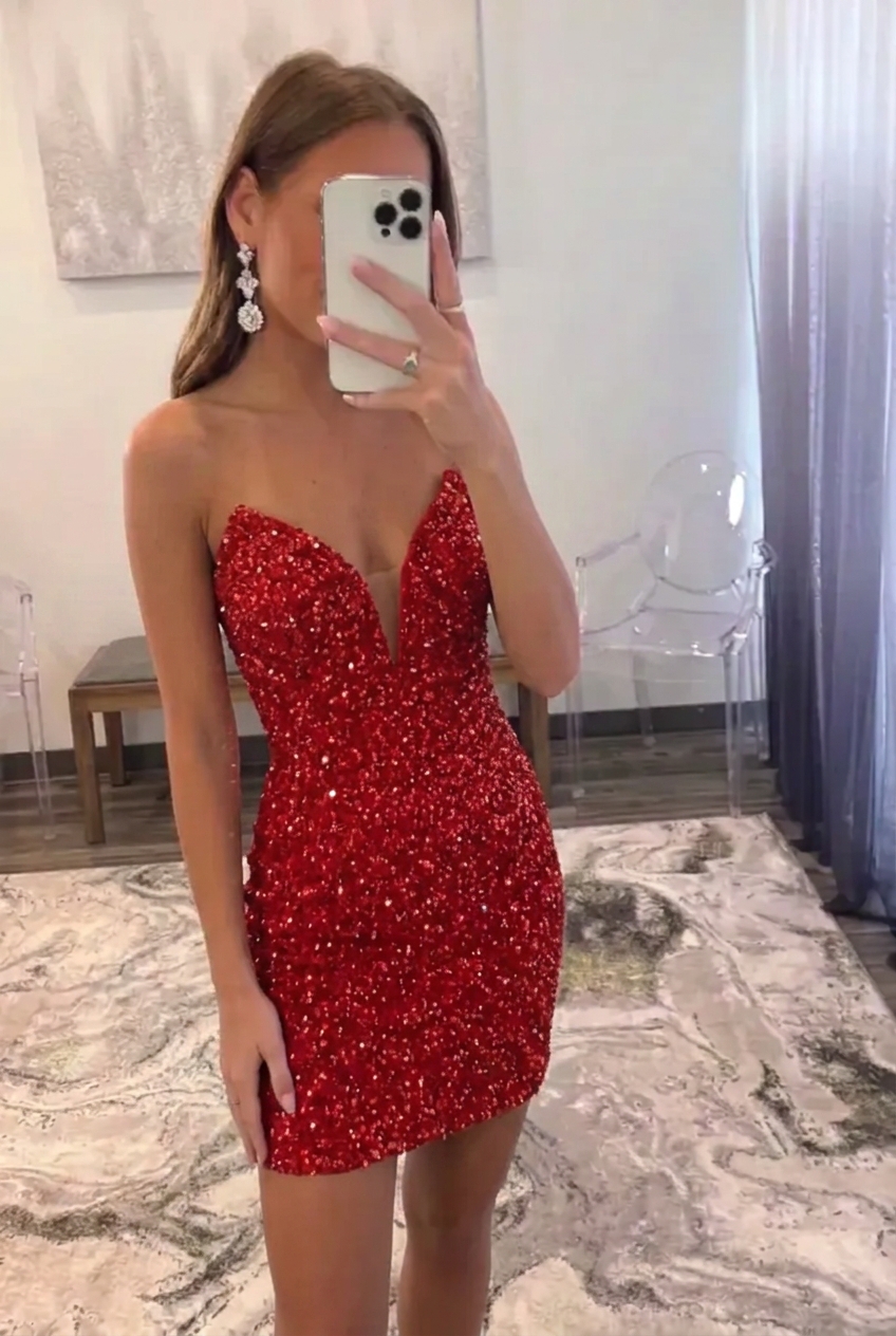 Red Sequin Mermaid Off-the-Shoulder Short Homecoming Dress