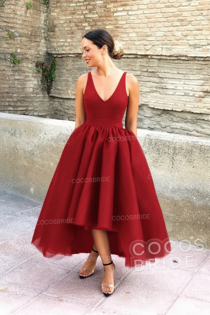 Simple Black V-neck Sleeveless Asymmetrical A-Line Prom Dresses