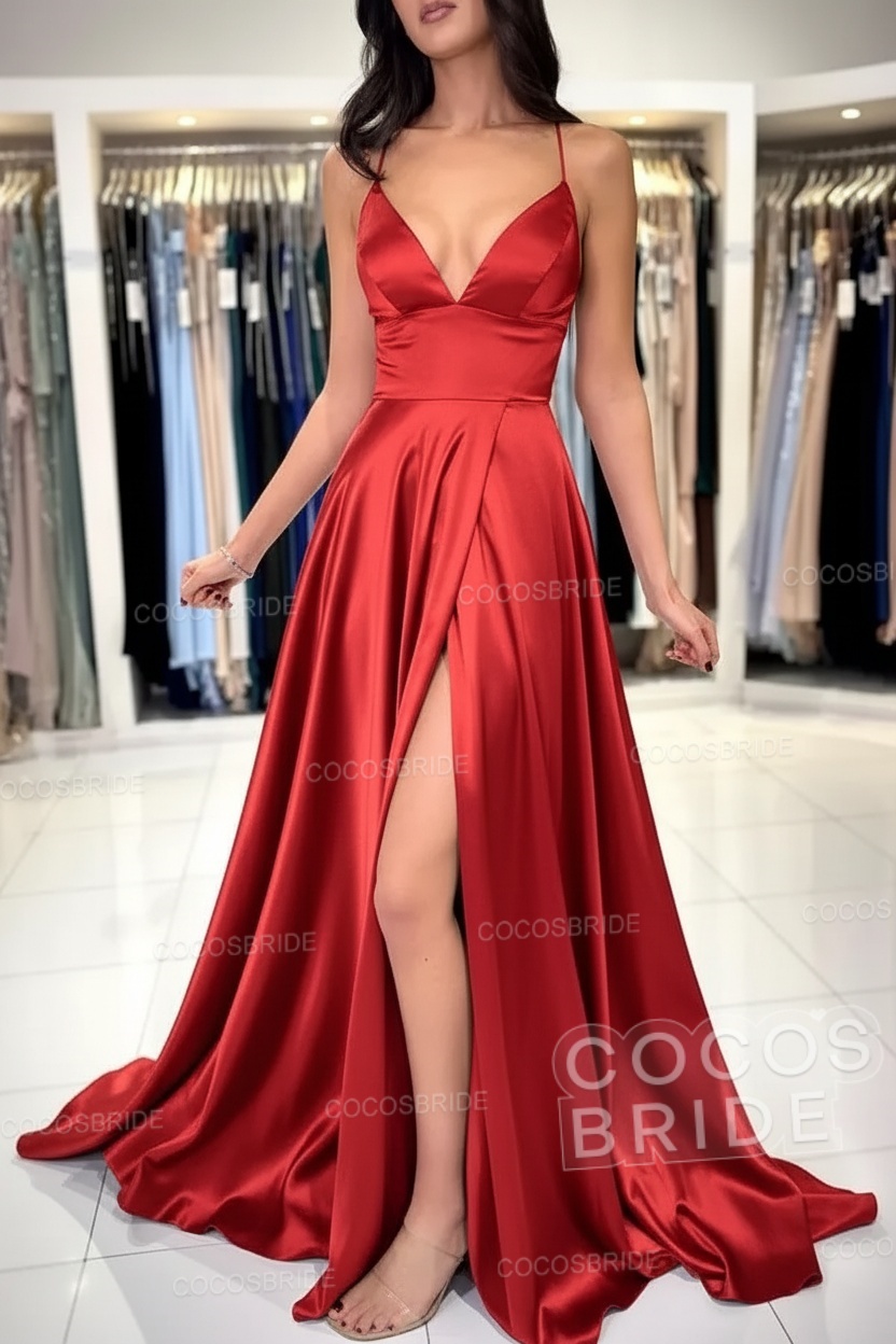 Simple Long A-line V-neck Satin Backless Formal Prom Dresses with Slit
