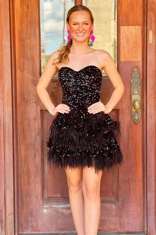 Black Strapless Sequins Feathers A-line Homecoming Dress