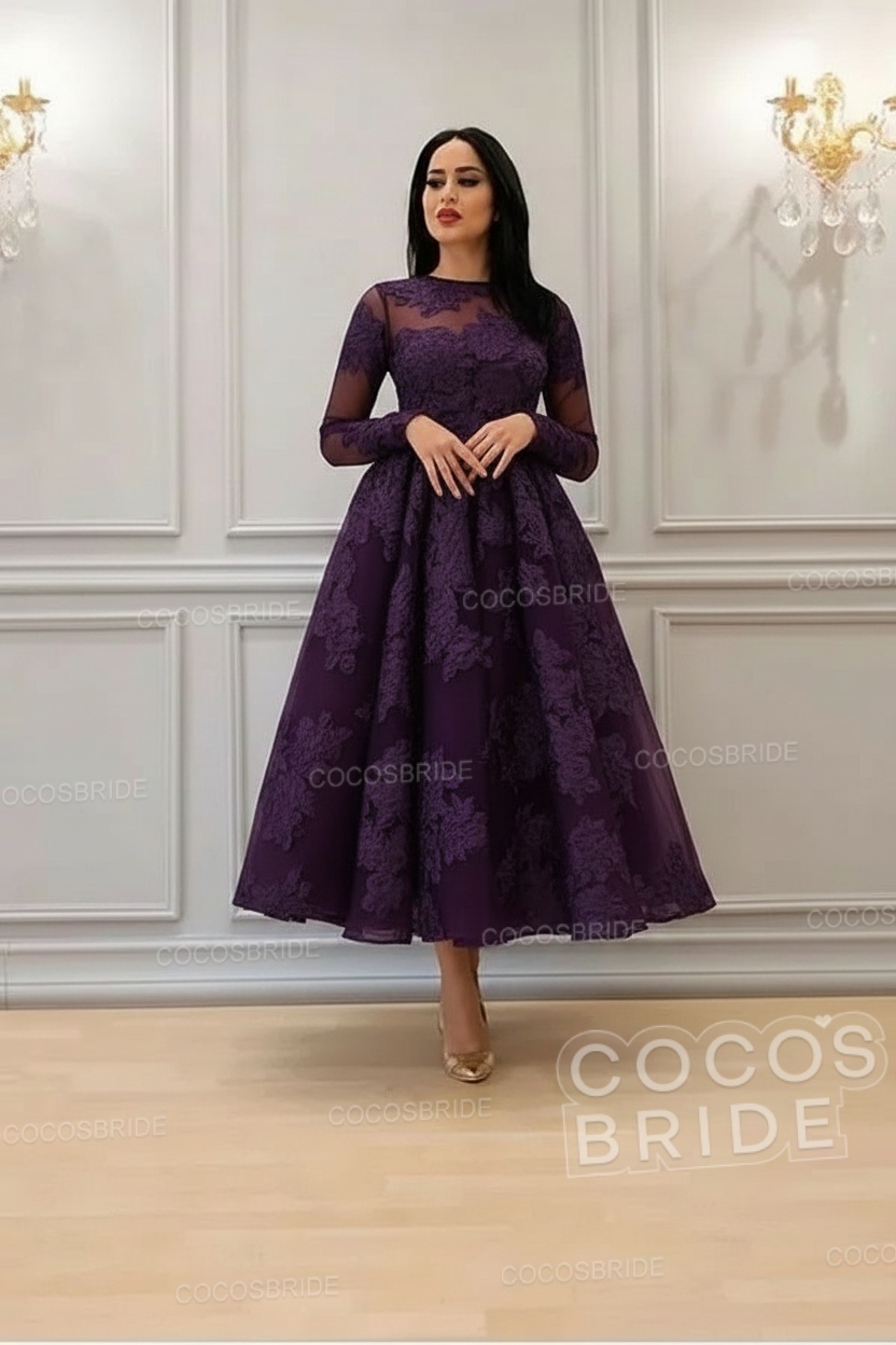 Elegant Short A-line High Neck Lace Ankle Length Formal Evening Dress with Sleeves