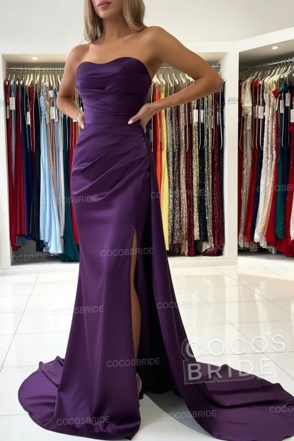 Long Mermaid Strapless Satin Prom Dress with Slit