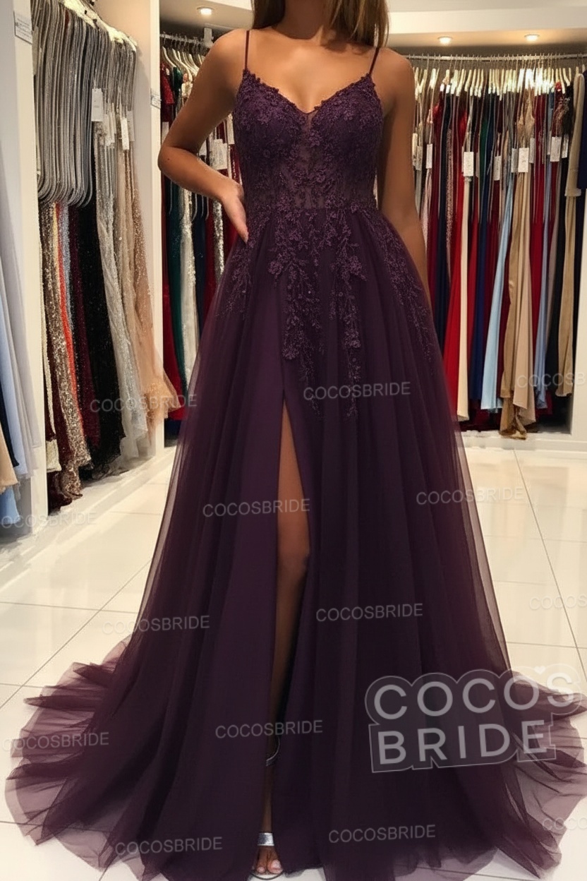 Long A-line V-neck Spaghetti Straps Open Back Prom Dress with Slit