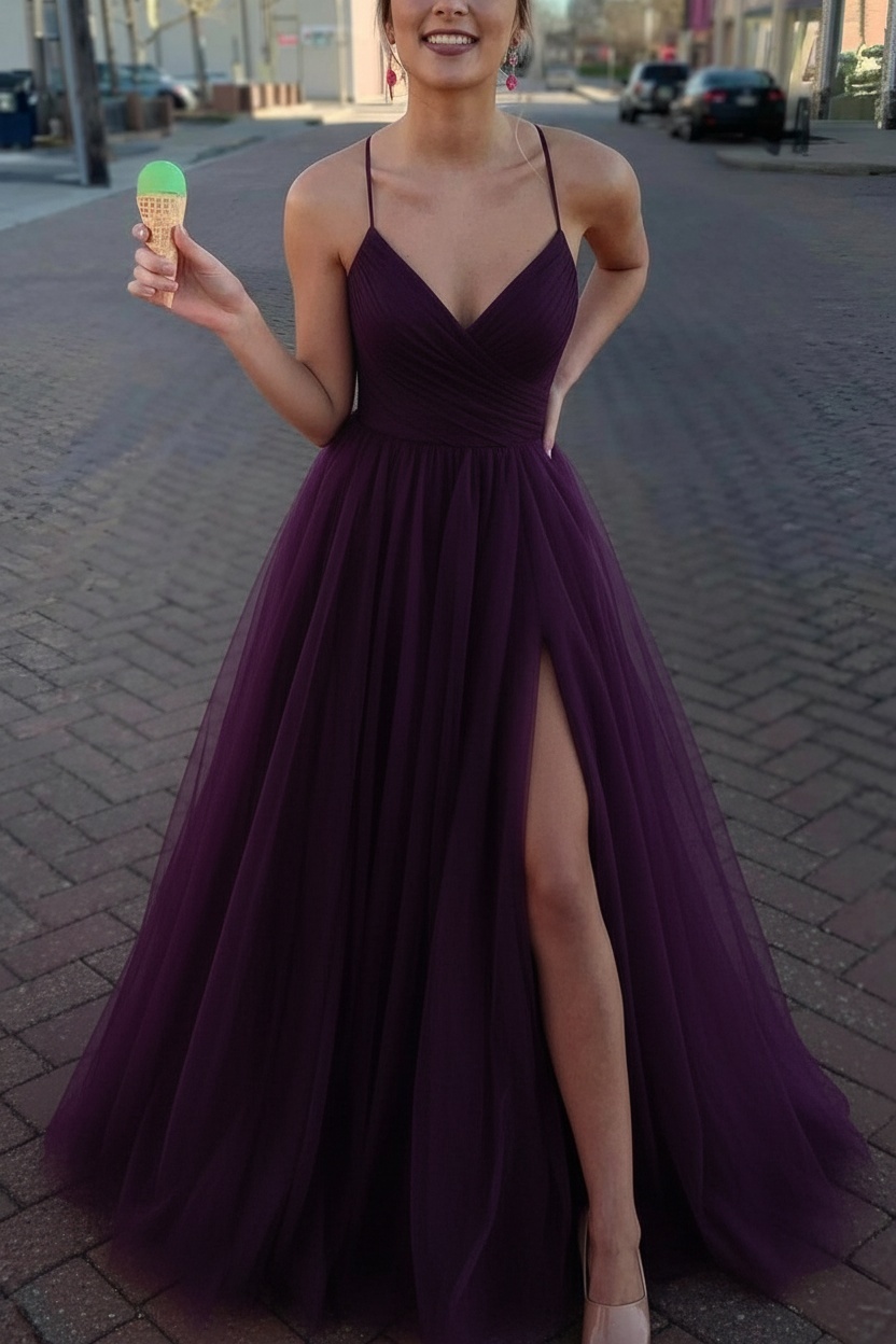 Long Spaghetti Straps V-neck A-Line Tulle Prom Dress With Side Slit