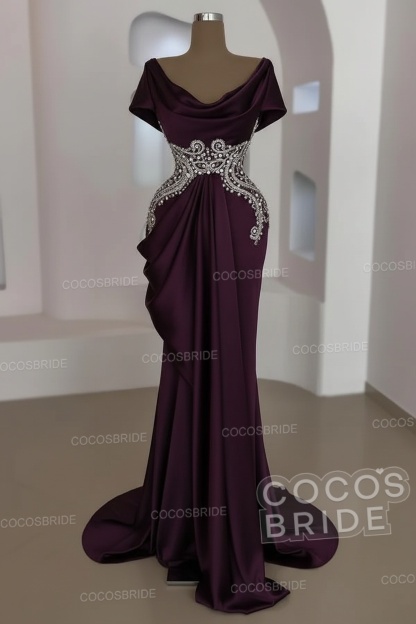 Mermaid Cowl Neck Satin Long Prom Dresses with Short Sleeves