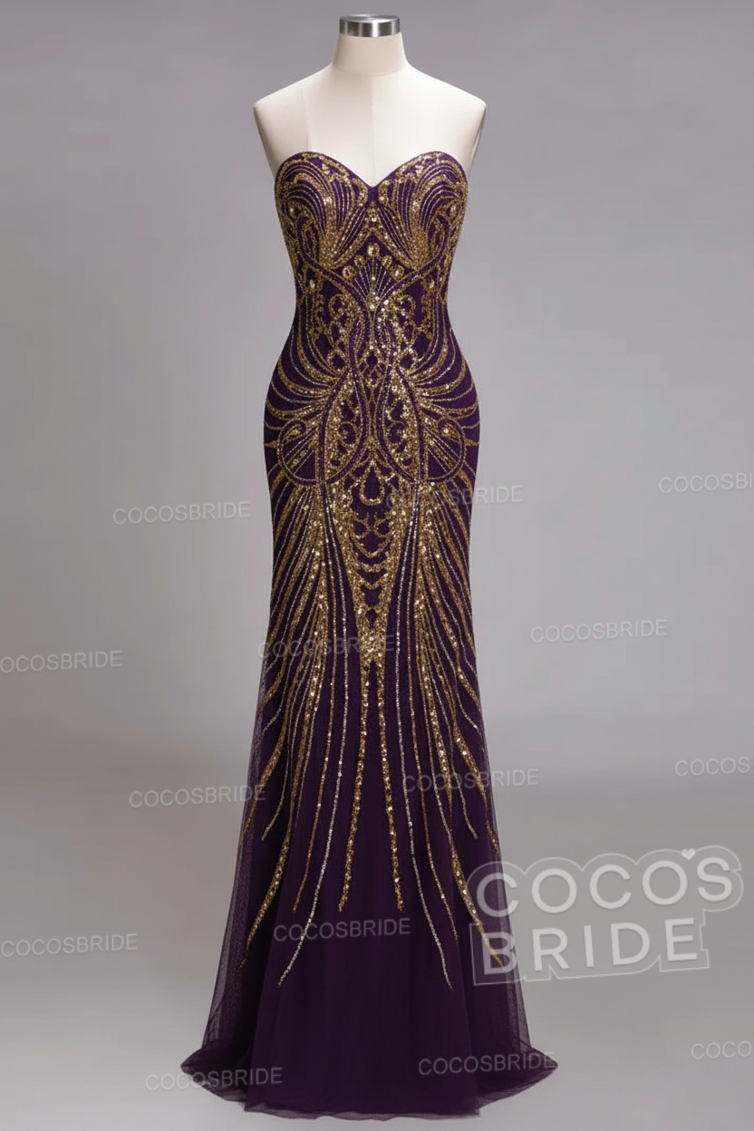 Mermaid Strapless Sweetheart Long Sequined Formal Evening Dresses with Beads