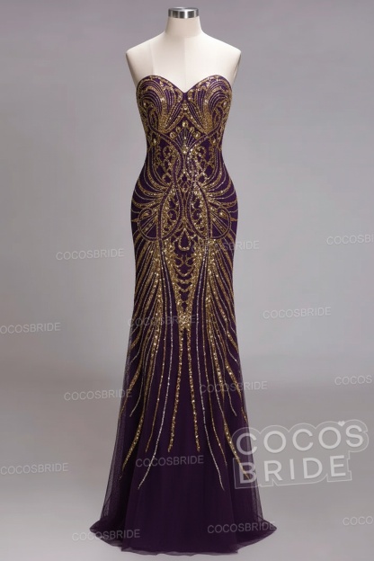 Mermaid Strapless Sweetheart Long Sequined Formal Evening Dresses with Beads