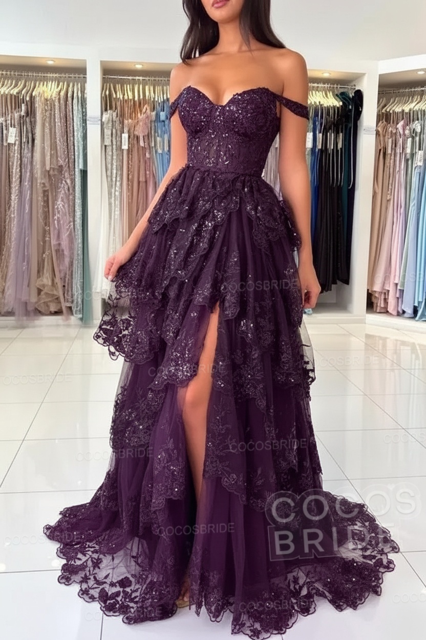 Off The Shoulder Sweetheart Lace A-Line Long Prom Dress with Slit