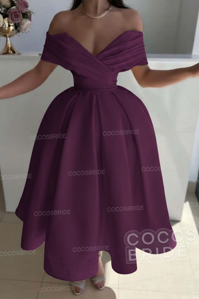 Off the Shoulder A-Line Satin Prom Dress with Pleated