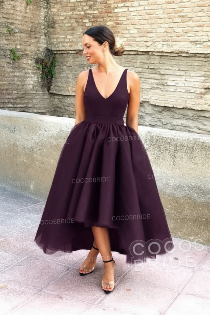 Simple Black V-neck Sleeveless Asymmetrical A-Line Prom Dresses