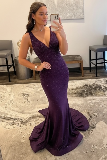 Orange Long Mermaid V neck Sequin Backless Prom Dress