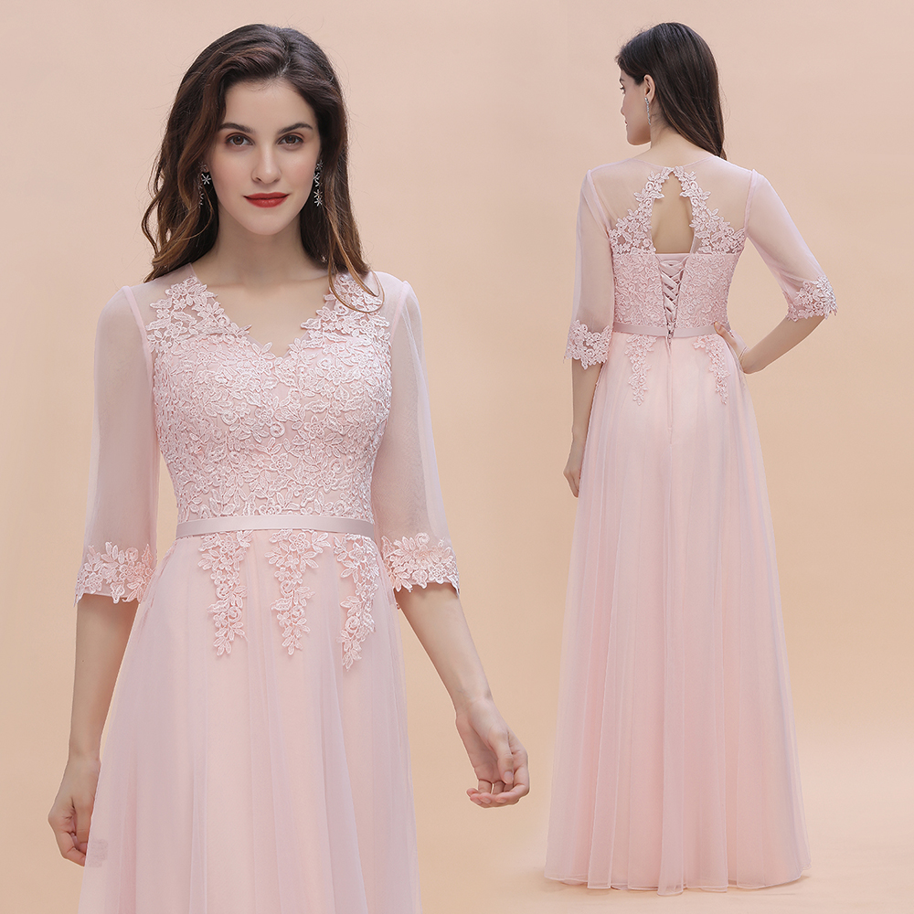 Romantic Long Sleeves V-neck Wedding Guest Dress Lace Appliques A-Line Bridesmaid Dress
