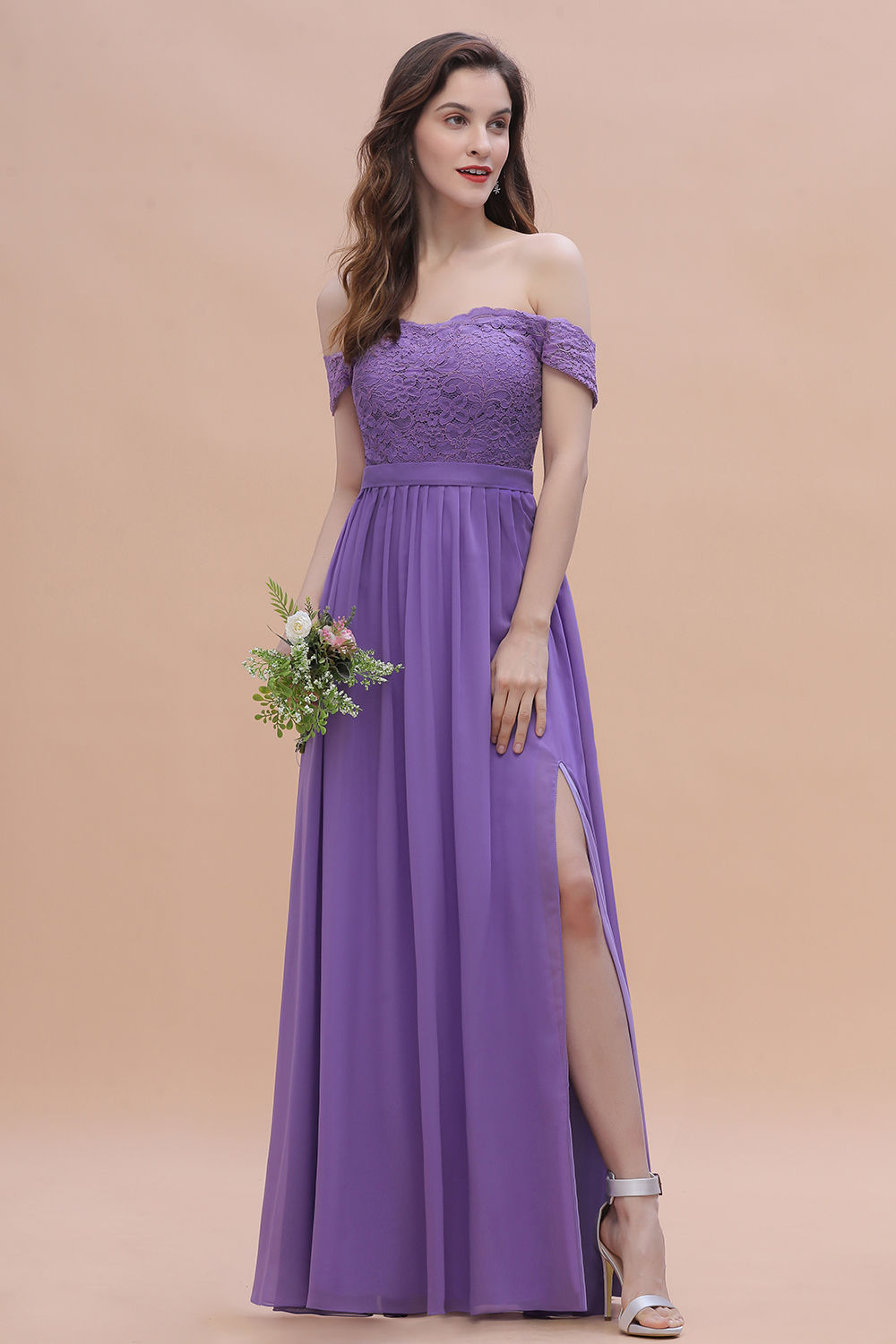 Romantice Off-the-Shoulde Lace Chiffon A-Line Bridesmaid Dress With Slit