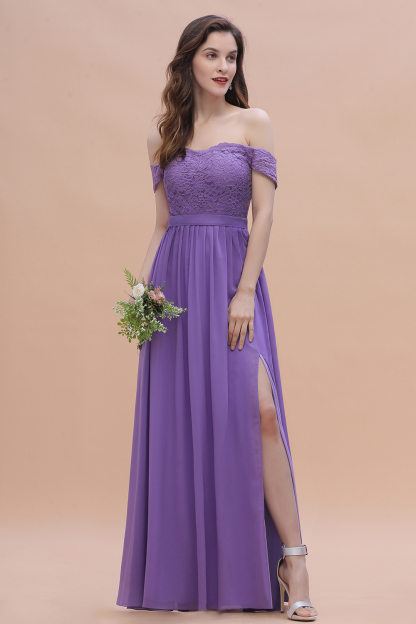 Romantice Off-the-Shoulde Lace Chiffon A-Line Bridesmaid Dress With Slit