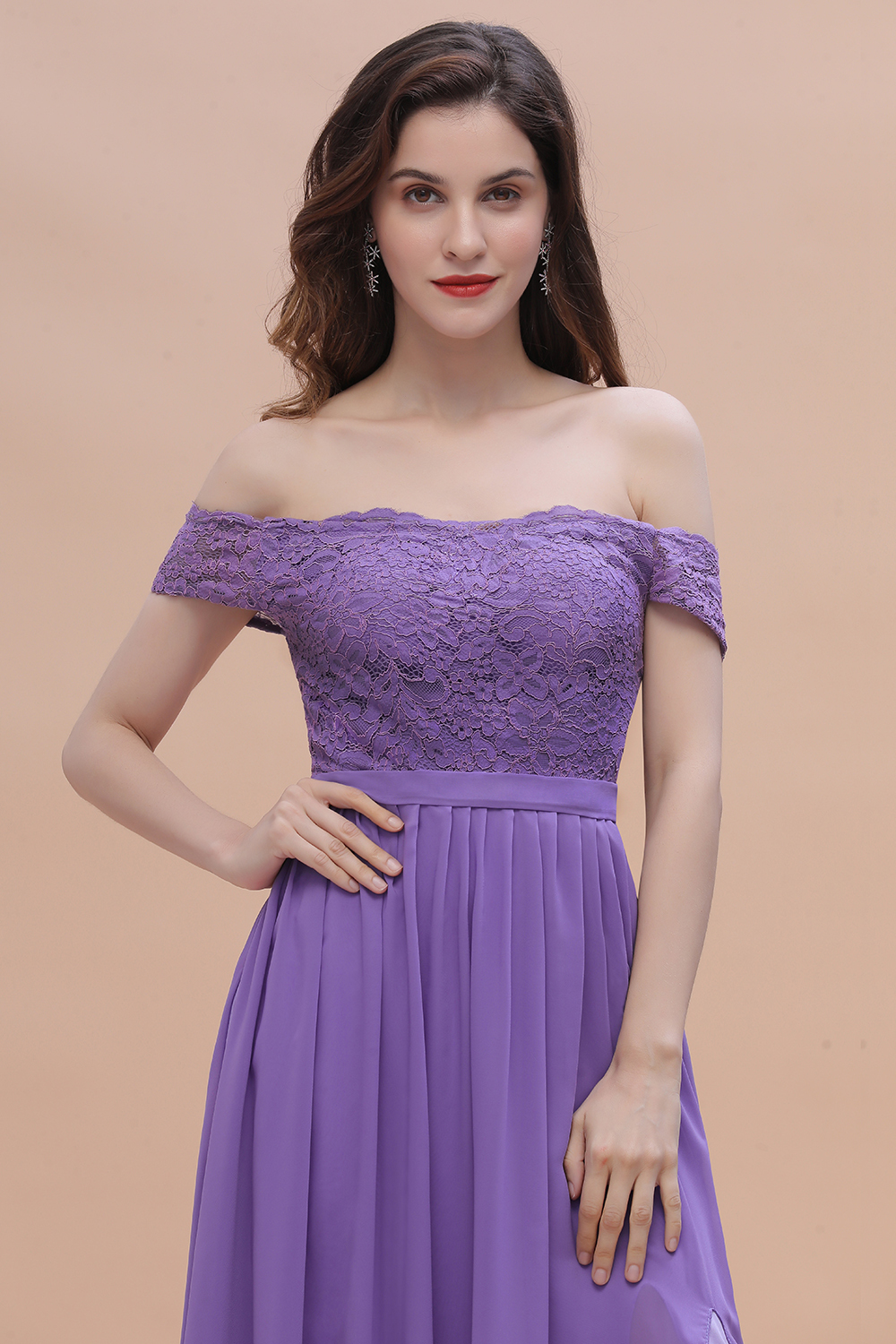 Romantice Off-the-Shoulde Lace Chiffon A-Line Bridesmaid Dress With Slit