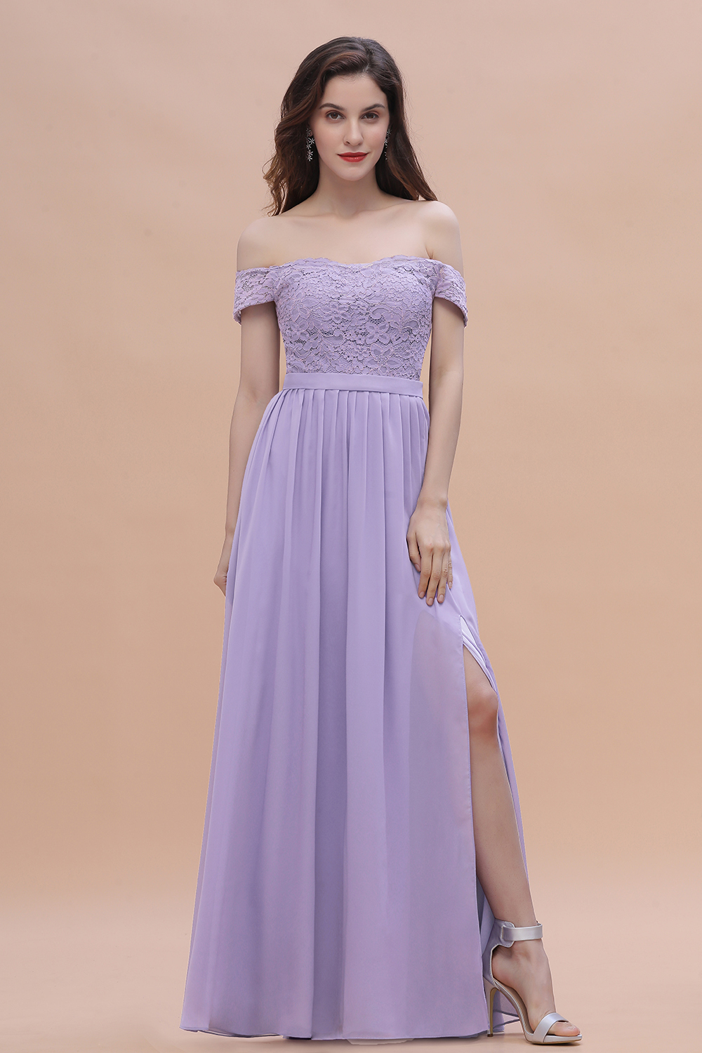 Romantice Off-the-Shoulde Lace Chiffon A-Line Bridesmaid Dress With Slit
