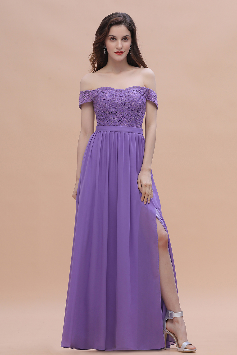 Romantice Off-the-Shoulde Lace Chiffon A-Line Bridesmaid Dress With Slit