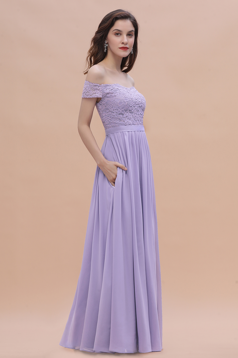 Romantice Off-the-Shoulde Lace Chiffon A-Line Bridesmaid Dress With Slit