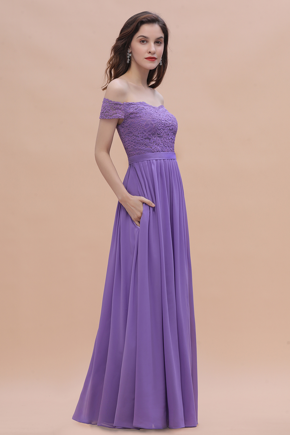Romantice Off-the-Shoulde Lace Chiffon A-Line Bridesmaid Dress With Slit