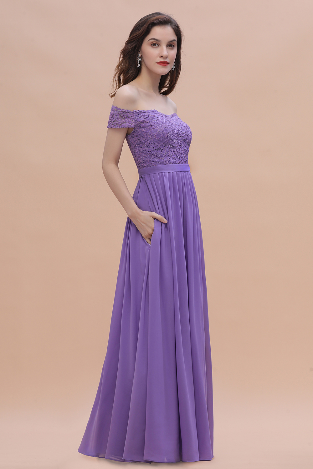 Romantice Off-the-Shoulde Lace Chiffon A-Line Bridesmaid Dress With Slit