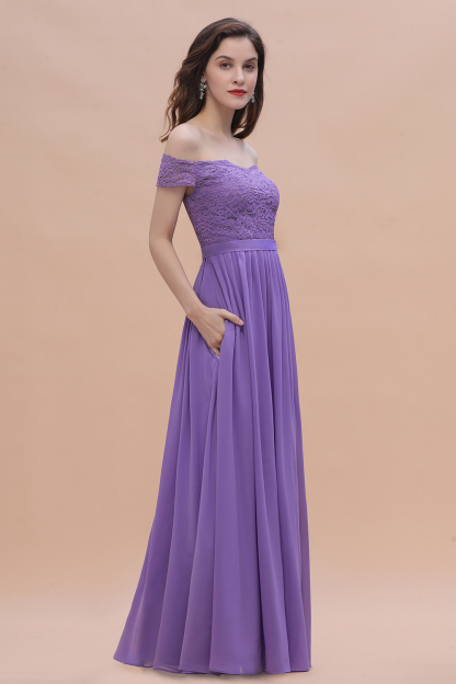 Romantice Off-the-Shoulde Lace Chiffon A-Line Bridesmaid Dress With Slit