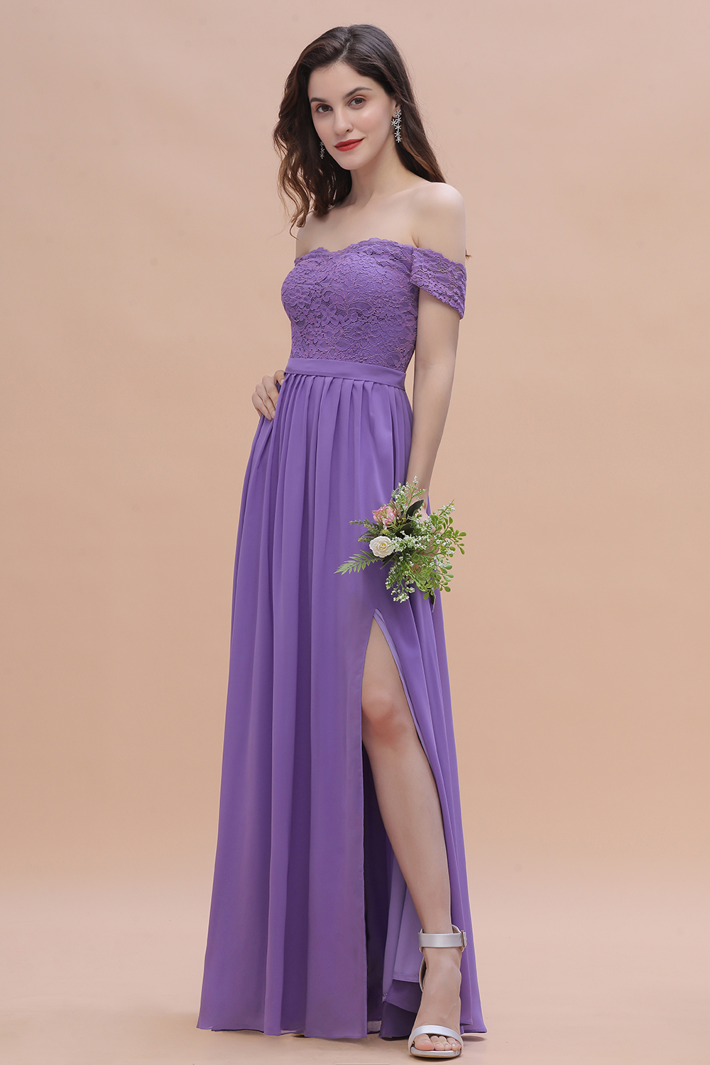 Romantice Off-the-Shoulde Lace Chiffon A-Line Bridesmaid Dress With Slit
