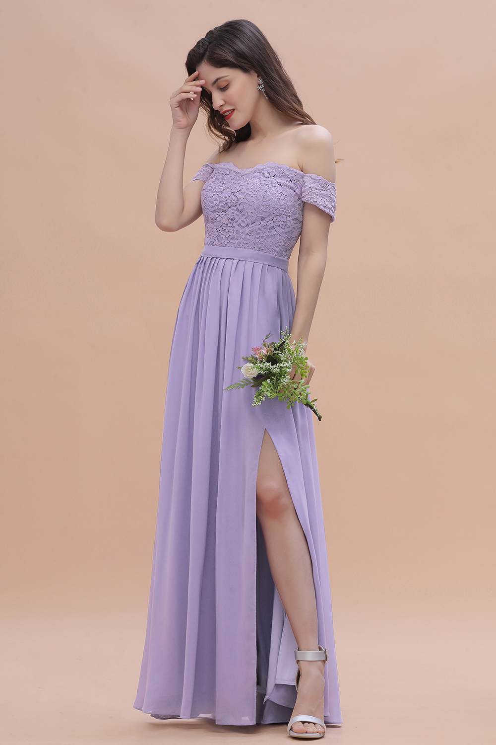 Romantice Off-the-Shoulde Lace Chiffon A-Line Bridesmaid Dress With Slit