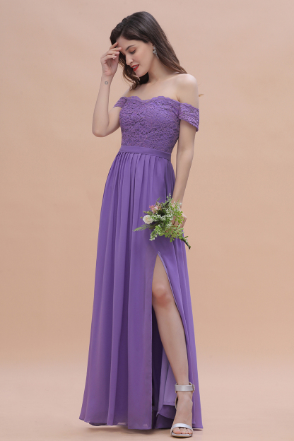 Romantice Off-the-Shoulde Lace Chiffon A-Line Bridesmaid Dress With Slit
