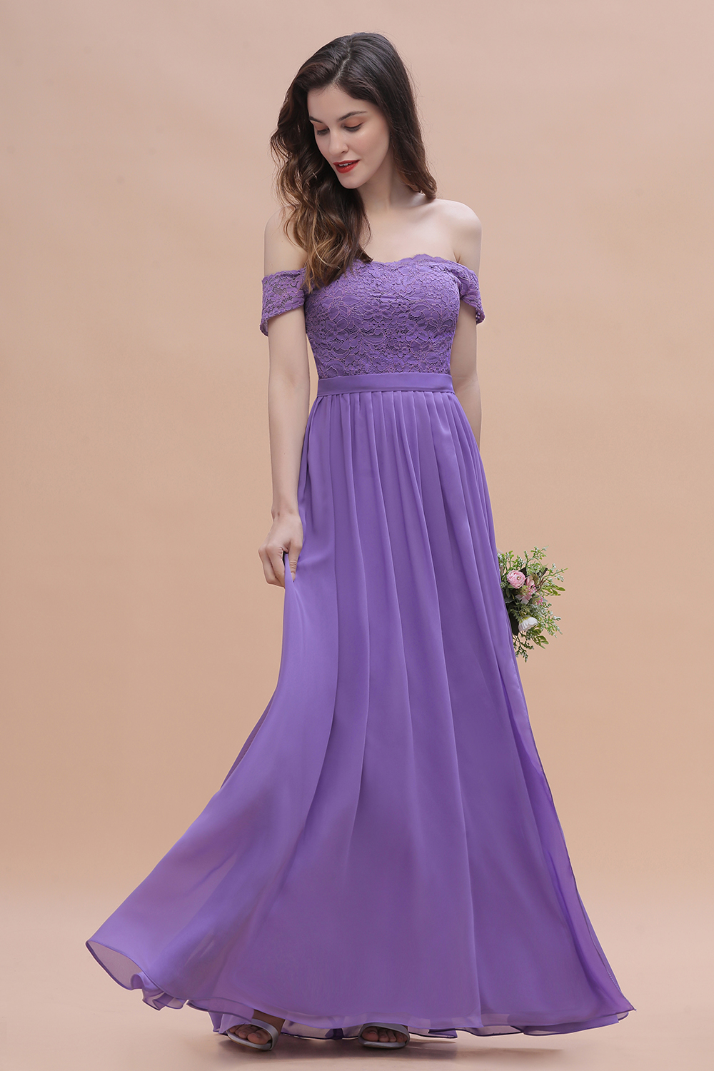 Romantice Off-the-Shoulde Lace Chiffon A-Line Bridesmaid Dress With Slit